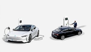 Two electric cars, one white and one black, are parked at charging stations. The white electric car charges unattended while a person in a suit stands by the black car holding the charging cable. Both stations have screens and cables plugged into the cars.