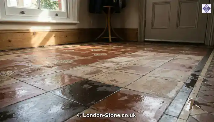 Ceramic tiles in a London hallway drying unevenly after cleaning, with visible dull and patchy areas forming as the floor dries.