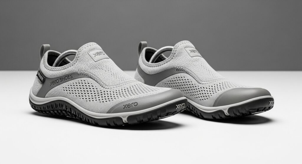 A pair of light gray slip-on athletic shoes with mesh uppers, rubber soles, and "Xero Shoes" branding provides all-day comfort and walking excellence, set against a plain gray and white background.