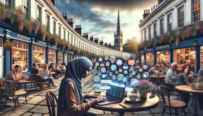 Small business owner in Corsham, UK, at a historic cafe, optimizing ads on a laptop amid social media icons and Georgian buildings.