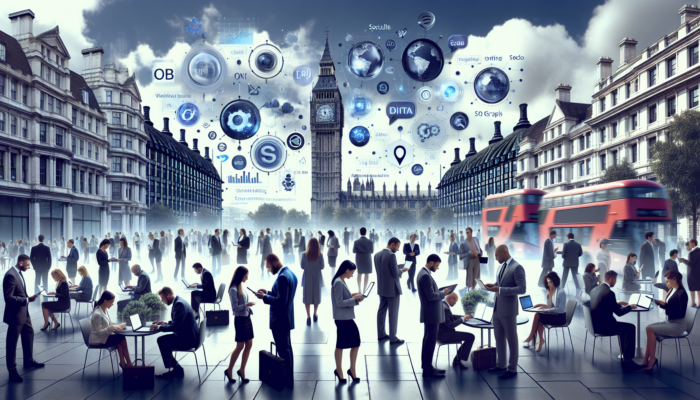 A bustling London street with professionals analyzing online marketing data on devices, surrounded by holographic social media icons and SEO graphs near Big Ben under a cloudy sky.
