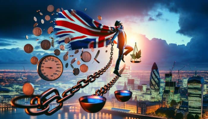 A person in a Union Jack scarf breaking free from tangled debt chains merging into a glowing key, with symbols of lower interest rates floating over a bustling London skyline at dusk.