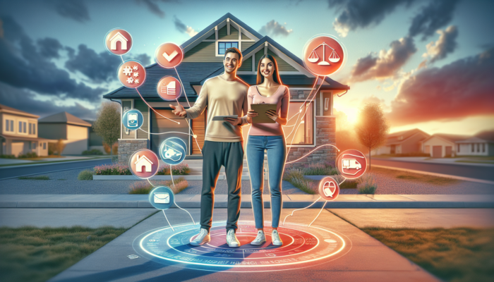 A young couple reviews a homebuying checklist outside a cosy suburban house, surrounded by symbols for budget, location, and inspections under a sunset sky.