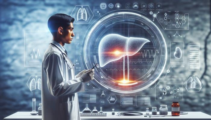 UK doctor in a modern lab analyzing liver blood test results on a digital screen, with a glowing healthy liver and surrounding charts.