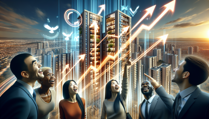 Bustling Randburg real estate: high-rise apartments with 'For Rent' signs, investors studying graphs, buyers touring properties under vibrant skyline.