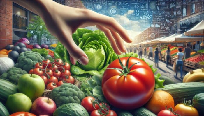 Hand pressing a ripe red tomato surrounded by vibrant fruits and vegetables at a farmer's market, emphasizing freshness and nutrition.