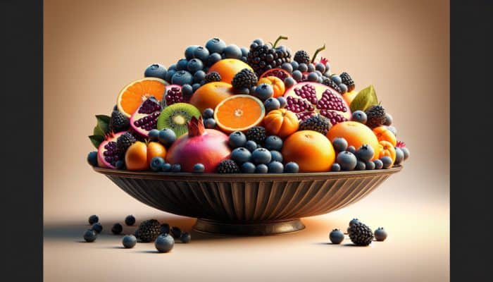 Vibrant still-life of antioxidant-rich fruits: ripe blueberries, blackberries, pomegranates, kiwifruit, and oranges in an elegant bowl with dew and golden light.