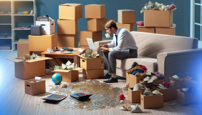 A focused person sorting boxes in a cluttered living room, reviewing a budget spreadsheet on a laptop with coins, notes, and calculator.