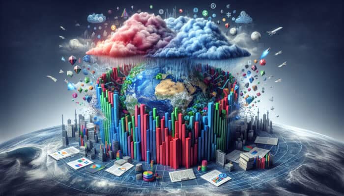 Illustration of a diversified investment portfolio as a protective fortress, with colorful stocks and bonds blocking storm clouds of market volatility.