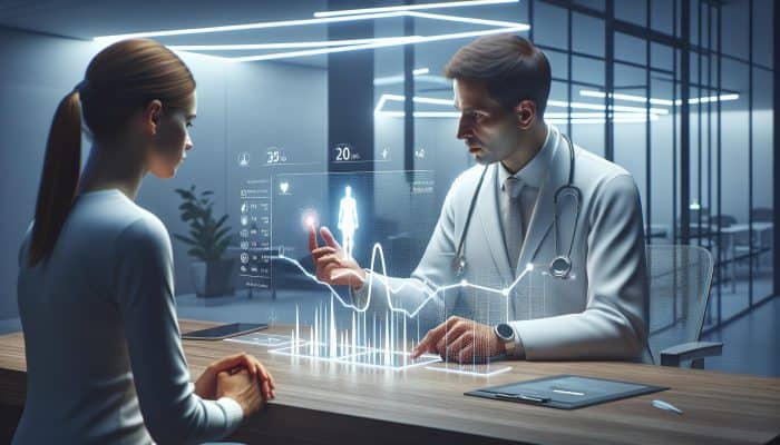 In a modern UK clinic, a doctor in a white coat discusses blood test graphs with a patient, pointing to a digital screen under fluorescent lights.