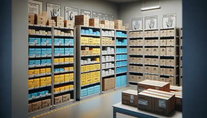 Neatly organised shelves in a UK medical depot hold color-coded glove boxes, labeled by size, type, and use.