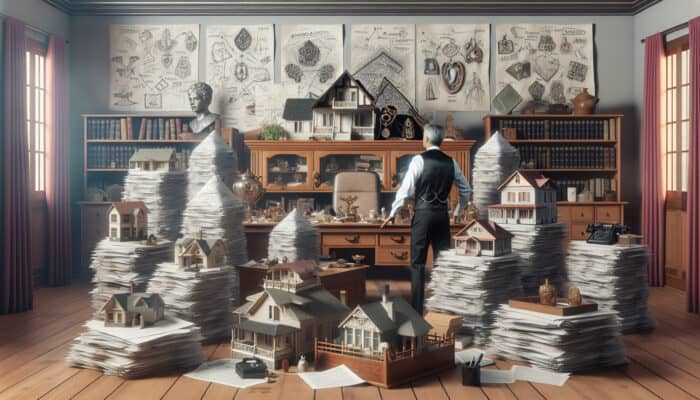 An executor in a cluttered office, surrounded by incomplete documents and appraised assets like jewelry and deeds.