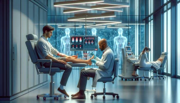 In a modern UK NHS clinic, a doctor draws blood for thyroid tests while another performs an ultrasound on a patient's neck, surrounded by monitors and charts.