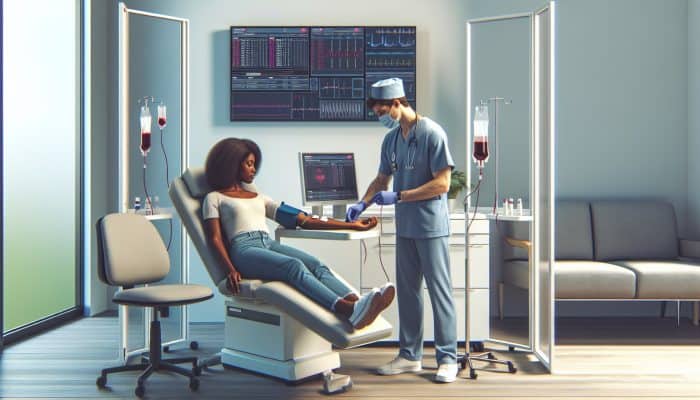 In a calm UK GP surgery, a compassionate nurse draws blood from a relaxed patient, using modern equipment and privacy screens to ensure comfort.