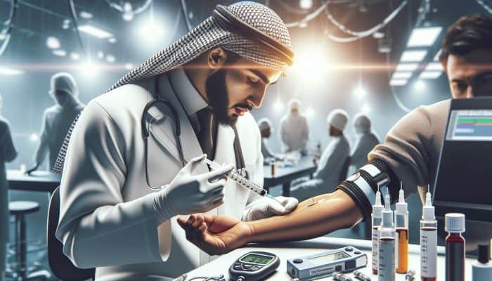 A healthcare professional draws blood from a patient's arm in a sterile laboratory, surrounded by glucometers, HbA1c kits, and glucose charts under bright illumination.