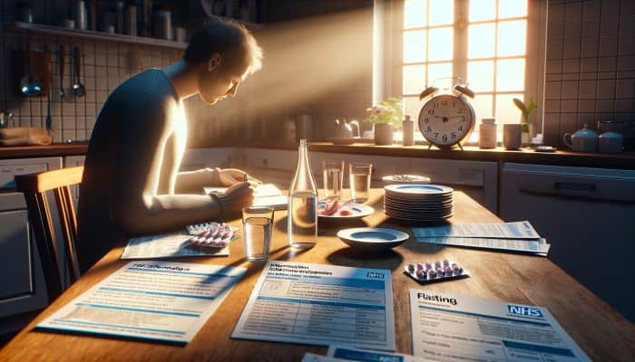 A patient in a sunlit kitchen at dawn, fasting with an empty plate and water, jotting down a medication list in a notebook, surrounded by NHS pamphlets and a clock indicating eight hours.