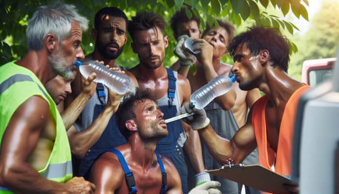 Workers taking a break from house clearance in summer heat, sipping water, resting under a shady tree, and checking a thermometer.