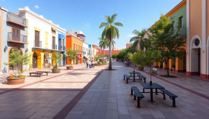 Vibrant urban plaza in San Miguel de Allende with well-lit pathways, open sightlines, and seating areas that promote community interaction, surrounded by colorful buildings and greenery for a safe atmosphere.