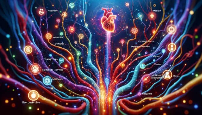 Glowing human vascular system illustration symbolising innovation: intertwined vessels for collaboration, nodes for tools and mentors, glowing paths for learning.