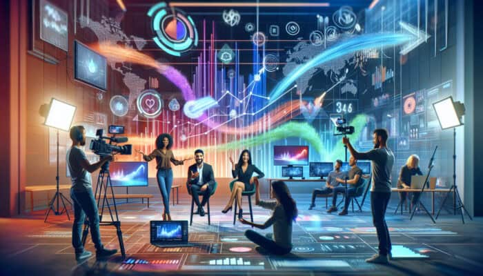 A diverse team in a modern video studio films vibrant content with rising brand logos and charts, symbolizing growth and innovation.