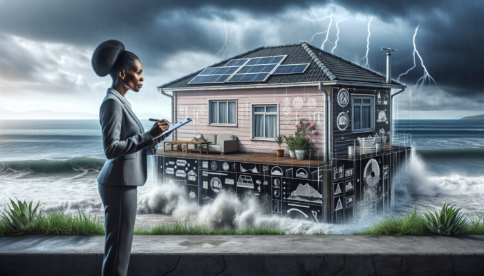 A professional inspector examines a weathered coastal house in Richards Bay, checking for corrosion and dampness amid crashing waves and solar panels.