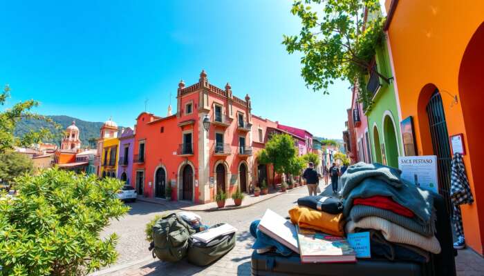 Scenic view of San Miguel de Allende with colourful colonial buildings and a person packing a suitcase surrounded by clothing layers, a travel guide, and a Spanish phrasebook under a bright blue sky.