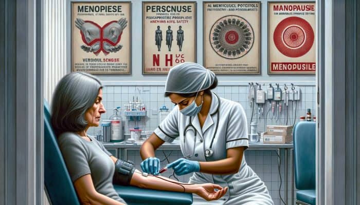 Menopause Blood Test in Droitwich Spa: A healthcare professional draws blood from a patient's arm in a sterile Droitwich Spa clinic, wearing gloves and a white coat, with NHS posters on the wall.