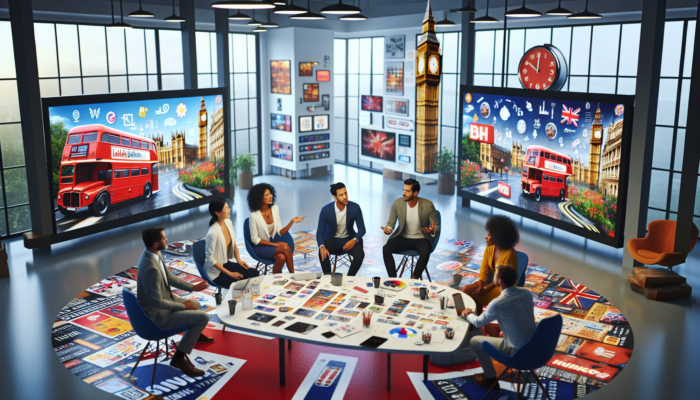 Diverse team brainstorming content in a modern London office, surrounded by red buses and Big Ben, with screens showing engaging posts.