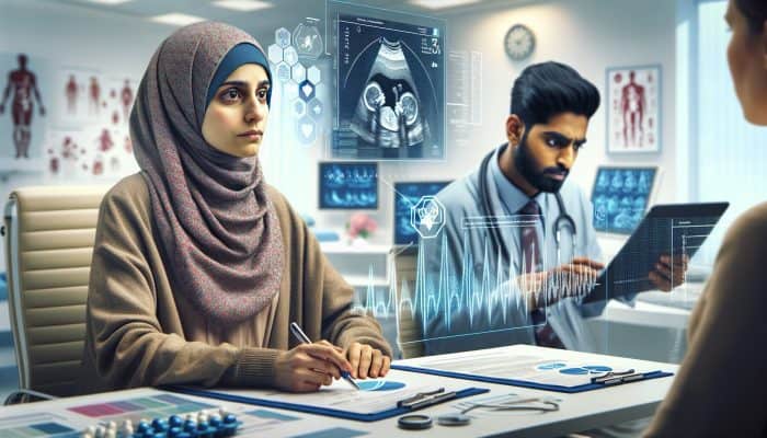 Pregnant woman in a UK hospital undergoing a blood test for ectopic pregnancy, while a doctor reviews low hCG charts and ultrasound scans.