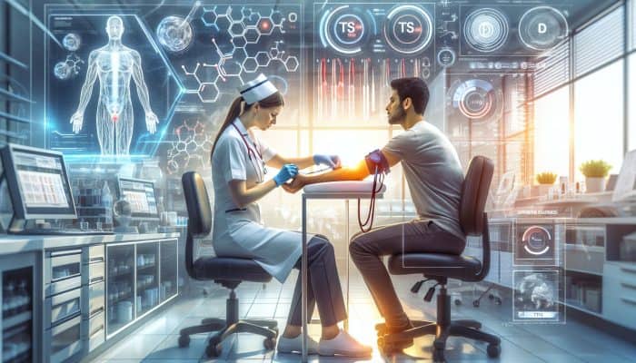 Thyroid Blood Test in Aberdeen: A nurse draws blood for a thyroid test in a modern UK clinic, surrounded by lab equipment and diagrams of TSH, T3, and T4.