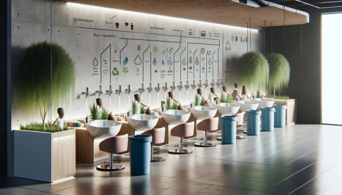 A contemporary hair salon featuring stylists using low-flow faucets and rainwater systems, surrounded by greenery, recycling bins, and signage illuminated by LED lights.