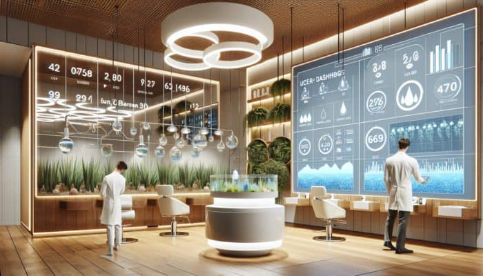 In a modern salon, stylists review digital dashboards displaying real-time water usage graphs, surrounded by eco-friendly fixtures and greenery.