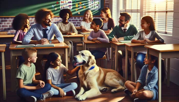 A golden retriever therapy dog sits calmly in a school classroom, being petted by diverse students, while teachers discuss strategies on a whiteboard.