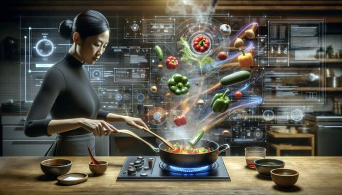 A chef in a bustling kitchen sautés vibrant vegetables in a sizzling pan and adds steaming broth, illustrating a logical cooking sequence.