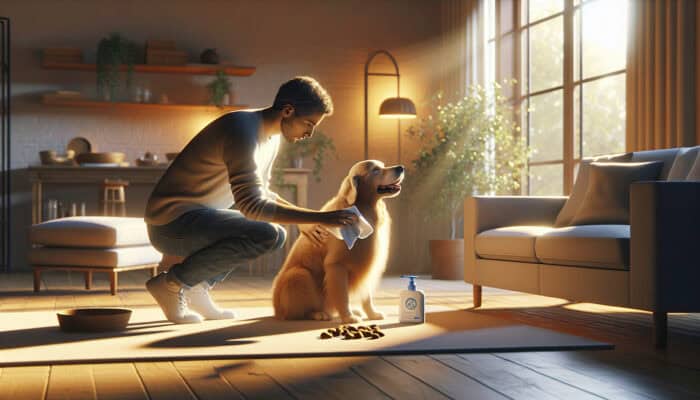 A pet owner gently applies hygiene wipes to a relaxed golden retriever in a sunlit living room, with treats nearby for comfort.