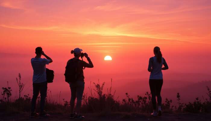 A diverse group watches a vibrant sunrise over a misty landscape, including a photographer, nature enthusiast, and jogger in warm hues.