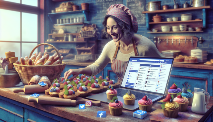 Smiling bakery owner in Kingswood arranges colorful pastries on rustic counter for Instagram, with laptop showing Facebook and Twitter activity.