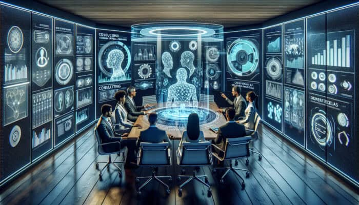 Experts in professional attire discuss virtual assistants in a modern conference room with holographic AI displays showing client research data.