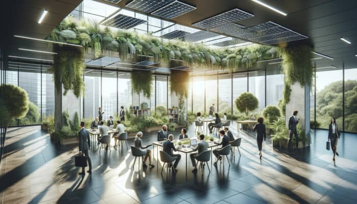 Diverse professionals collaborate in a modern office with lush plants, solar panels, and natural light, symbolizing enhanced productivity and job satisfaction.
