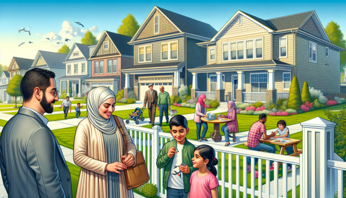Lively suburban neighbourhood: modern homes with manicured lawns, young couple viewing a house, children playing in park, shops and schools under sunny sky.