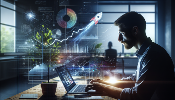 Entrepreneur in Barnstaple office analyzing laptop dashboards showcasing user behavior graphs, conversion rates, and growing e-commerce trends.