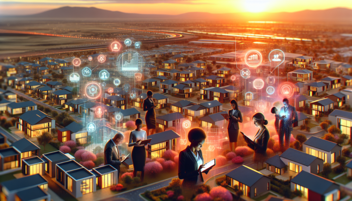Aerial view of Klerksdorp's Wilkoppies and Baillie Park at sunset, with modern homes, rising price graphs, and professionals analyzing data on tablets.