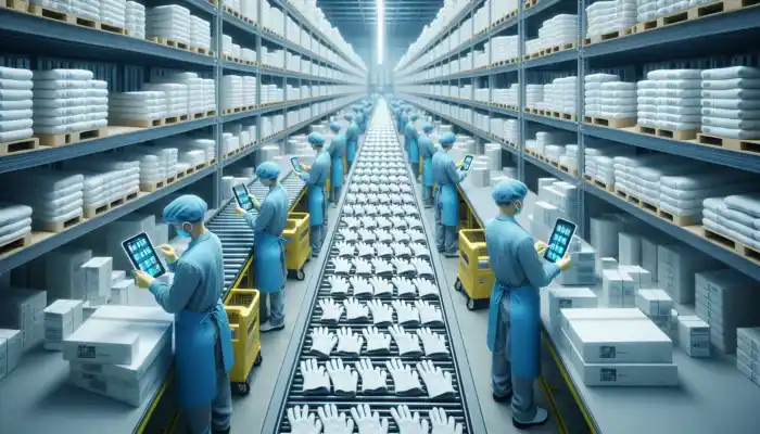 Modern warehouse filled with stacked white cotton gloves, workers in blue uniforms scanning barcodes and packing items on conveyor belts under bright lights.