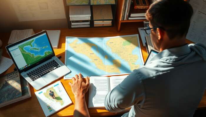 A traveller researches Belize at a sunlit desk, surrounded by colourful maps, open laptops with forums, and books on local customs.