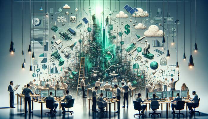 Busy office scene: team untangling wires, reviewing cost graphs, examining grants, and testing solar-powered AI prototypes in green light.