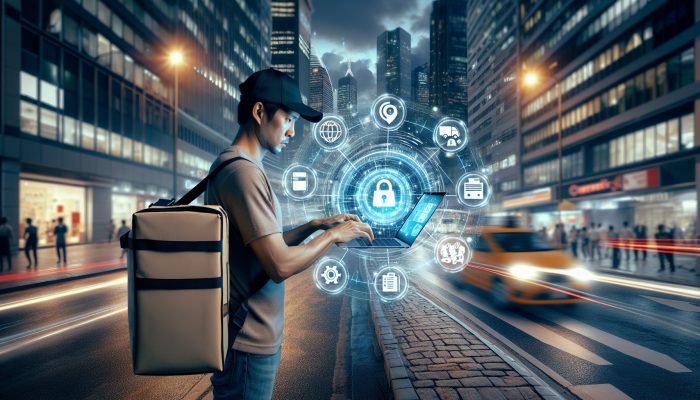 Debt Consolidation for Gig Economy Workers: A Practical Guide | DCL Determined gig worker with delivery bag and laptop examines holographic chart of debts merging into one loan on bustling street at dusk.