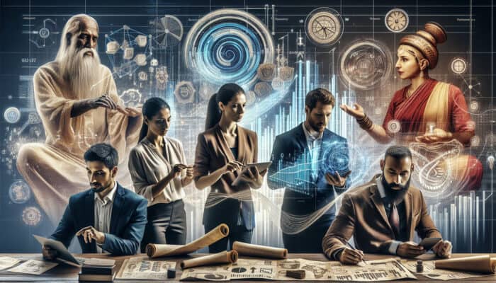 Diverse professionals in a modern office analyse holographic KPIs and charts, surrounded by ancient scrolls and timelines symbolising legacy and growth.