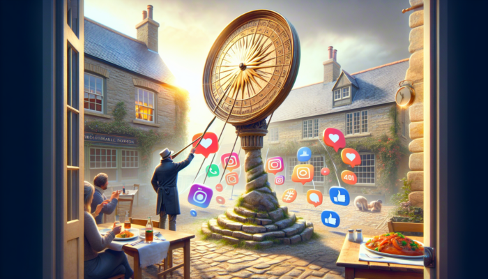 A small business owner in Midsomer Norton analyses Instagram metrics on a laptop, surrounded by engagement icons and an image of a new dish.