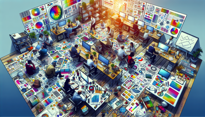 In a modern Patchway design agency, creative professionals collaborate on digital screens, sketching logos, developing websites, and using colorful prototypes.