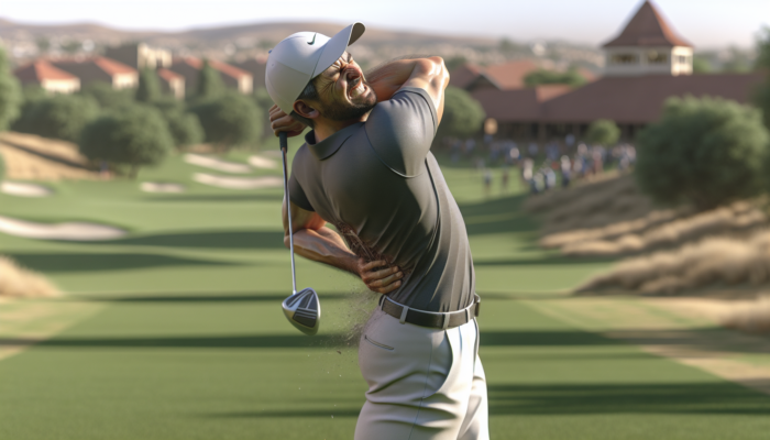 South African golfer mid-swing on Bloemfontein's firm course, showing improper weight transfer, strained back, and grimace of pain.